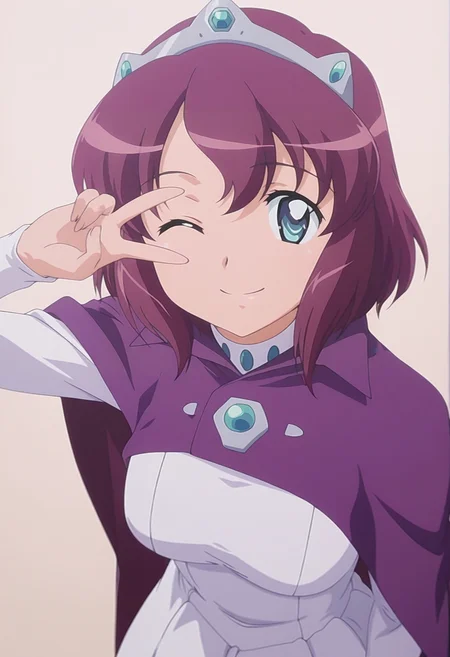 masterpiece, best quality, amazing quality, anime screencap, anime coloring, 1girl, solo, <lora:DX888Henrietta:1> henrietta de tristain,blue eyes , purple hair, short hair, tiara, purple cape, white dress, ,BREAK beige background, cross background, (simple background:1.2) BREAK (dynamic pose:1.2), from above, looking up, looking at viewer, smile, one eye closed, grin, , blush, v over eye,