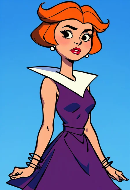 score_9, score_8_up, score_7_up, score_6_up,
janejetson, Jane Jetson, Jane Jetson \(The Jetsons\), 1girl, solo, short hair, dress, jewelry, earrings, sky, orange hair, black eyes, bracelet, makeup, blue background, parody, lipstick, purple dress, retro artstyle, bangle, style parody