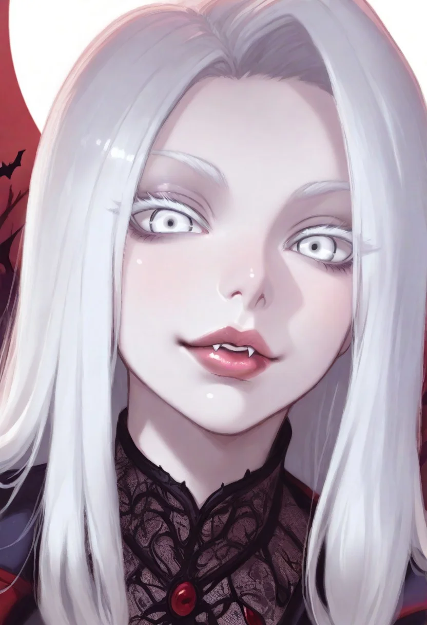 masterpiece, best quality, amazing quality, intricate detail, highly detailed, absurdres, vampire woman,beautiful,she have fangs,white long hair and complete white eyes, dynamic angle, , Detailed lips, wide lips, soft lips, pale lips, glossy lips, lip gloss front view, looking at viewer, dynamic angle, <lora:SmoothStyle_Omega:1>