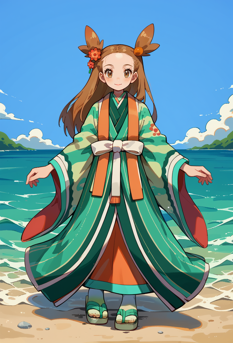 score_9, score_7_up, source_anime, BREAK light smile, ocean, solo, <lora:Jasmine:1> J4SM1N3, brown hair, long hair, pigtails, brown eyes, Orange hair ornament, hair flower, green kimono, tabi, sandals, green footwear,