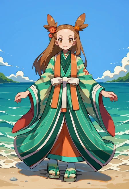 score_9, score_7_up, source_anime, BREAK light smile, ocean, solo, <lora:Jasmine:1> J4SM1N3, brown hair, long hair, pigtails, brown eyes, Orange hair ornament, hair flower, green kimono, tabi, sandals, green footwear,