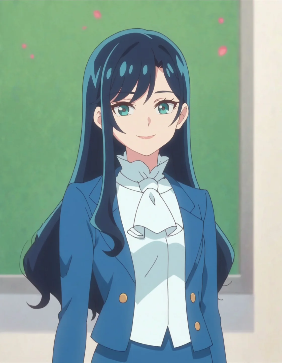 score_9, score_8_up, score_7_up, 1girl, solo, anime screencap, long hair, blue hair,aqua eyes, blue jacket, looking at viewer, ascot, skirt suit, pencil skirt, long skirt, bangs, smile<lora:Fuwahatsuko:0.8>