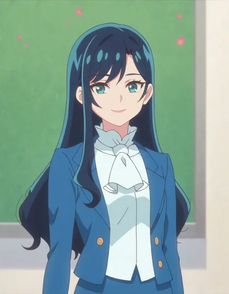 score_9, score_8_up, score_7_up, 1girl, solo, anime screencap, long hair, blue hair,aqua eyes, blue jacket, looking at viewer, ascot, skirt suit, pencil skirt, long skirt, bangs, smile<lora:Fuwahatsuko:0.8>