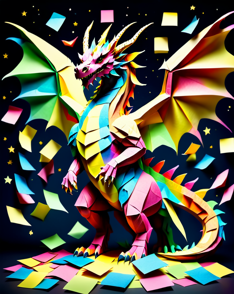 a massive colorful dragon with fine scales made out of Jed-StickyN, dynamic pose, dynamic angle, dark fantasy, epic, intricate details, ultra wide shot, zoomed out, (front view:1.3) with wings spread wide, 
<lora:StickyNotesStyle:1>,  <lora:add-detail-xl:0.7>,  <lora:sd_xl_dpo_lora_v1:1>, <lora:xl_more_art-full_v1:0.3>,  set against a  background of a starry sky,