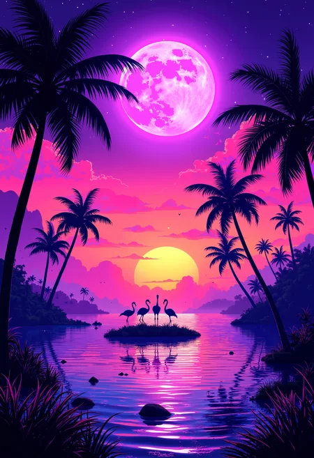 bo-neon, a digital artwork depicting a vibrant, tropical sunset scene with a large, full moon dominating the sky, the sky is a gradient of deep purples and oranges, transitioning from a deep purple at the top to a lighter pink at the bottom, with a few wispy clouds scattered across the horizon, the moon casts a soft, ethereal glow over the entire scene, illuminating the water and creating a mirror-like effect, in the foreground, a small island is nestled between the water's surface, with palm trees swaying gently in the breeze, the palm trees are tall and slender, with their long, slender trunks and broad, leafy tops, the water is calm and reflective, mirroring the colors of the sky and the moon, creating a serene and tranquil atmosphere, three flamingos stand on the island, their silhouettes illuminated by the moonlight, adding a sense of tranquility and natural beauty to the scene, the overall style is highly detailed and realistic, with smooth textures and vibrant colors, making it a captivating and immersive piece of art, high quality, ultra detailed, colorful, abstract, dark neon fantasy.<lora:Flux\boFLUX Neon Abyss.safetensors:1.0:1.0>