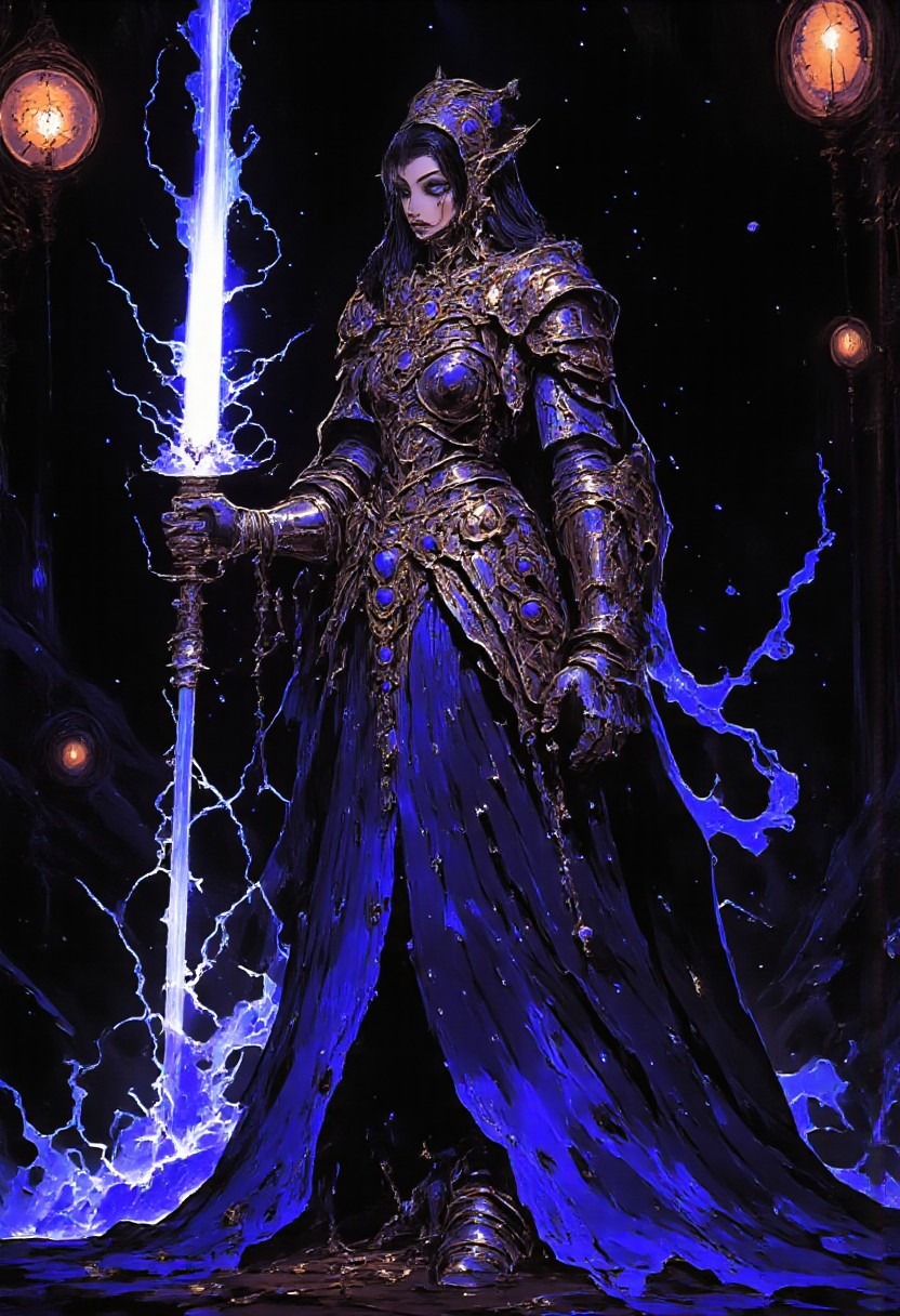 A colorful neon line art drawing on black background: Anime Style,mythp0rt,anime. A woman with glistening skin, long black hair pooling past her feet, blue eyes shining with a mystic glow, gesturing to the surroundings with a hand full of lightning. Her gown, simple,deep blue with gold decorations,is long and fantasy like,long enough that it's excess pools past her feet like a skirt.her hair is in a hime cut style with uneven bangs and long side bangs, Her expression cocky, the lighting casting shadow onto the character giving her face more depth.her skin shiny, with an hourglass figure and a set of extraordinary thighs and extremely wide hips. The back ground is filled with a sense of grandeur, a great figure fighting through the galaxy, her figure shadowed by the light of distant stars. The shot is distant enough to showcase the full figure of the character, from a lower angle emphasizing the size and power of the character,the depth of field of the background shows of the stars in the background,((Full body shot, zoomed out shot, feet in picture)), jewelry, robe, dress,art by incase, digital art, digital painting, digital illustration, digital drawing, fluorescent, glow, vivid colors
