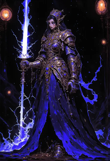 A colorful neon line art drawing on black background: Anime Style,mythp0rt,anime. A woman with glistening skin, long black hair pooling past her feet, blue eyes shining with a mystic glow, gesturing to the surroundings with a hand full of lightning. Her gown, simple,deep blue with gold decorations,is long and fantasy like,long enough that it's excess pools past her feet like a skirt.her hair is in a hime cut style with uneven bangs and long side bangs, Her expression cocky, the lighting casting shadow onto the character giving her face more depth.her skin shiny, with an hourglass figure and a set of extraordinary thighs and extremely wide hips. The back ground is filled with a sense of grandeur, a great figure fighting through the galaxy, her figure shadowed by the light of distant stars. The shot is distant enough to showcase the full figure of the character, from a lower angle emphasizing the size and power of the character,the depth of field of the background shows of the stars in the background,((Full body shot, zoomed out shot, feet in picture)), jewelry, robe, dress,art by incase, digital art, digital painting, digital illustration, digital drawing, fluorescent, glow, vivid colors
