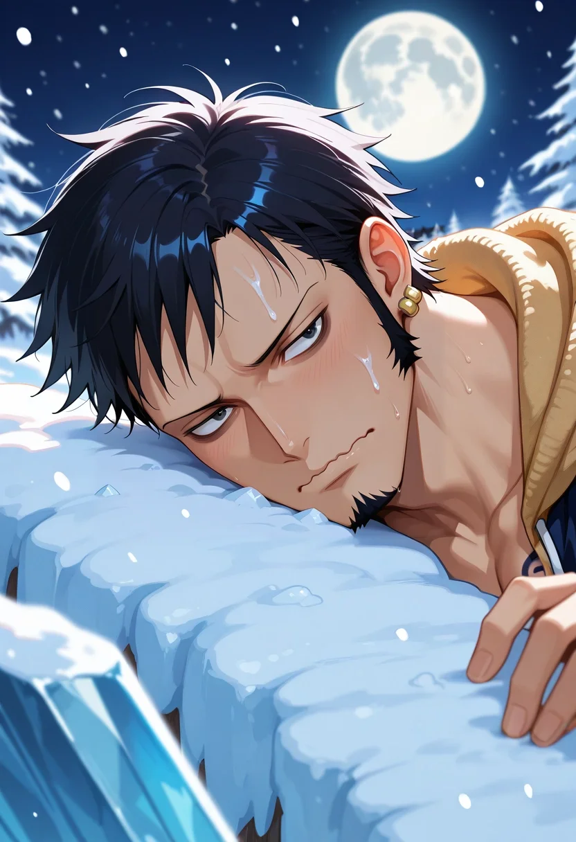 masterpiece, best quality, , semi-realistic, , 1boy, solo, male focus, <lora:law_trafalgar_ilxl:0.9>, law_trafalgar, black hair, black eyes, short hair, facial hair, sideburns, long sideburns, goatee, , earrings, , , close-up, snowy town, snow, ice, stalagmite, night, full moon, leaning on object, wavy mouth, closed mouth,
