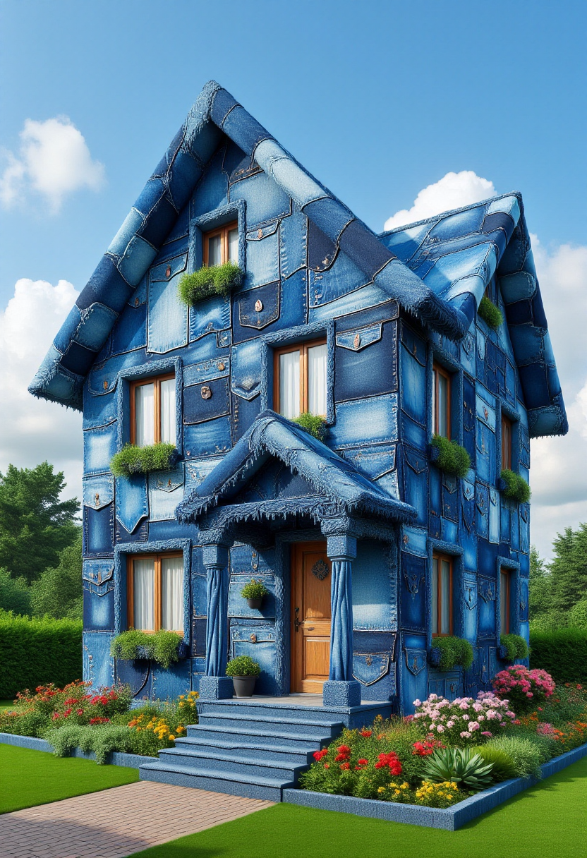 <lora:Denim_Dreamer_FLUX-000021:0.9>  
The image is a CGI rendering of an extraordinary house designed to resemble a patchwork quilt made from denim fabric, complete with a whimsical, surreal aesthetic.