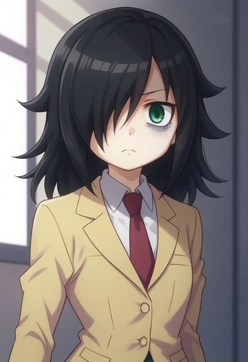 score_9, score_8_up, score_7_up, source_anime, highly detailed,
tomoko, 1girl, solo, black hair, school uniform, bags under eyes, hair over one eye, necktie, green eyes, skirt, long hair, upper body, blazer, jacket,
indoor,