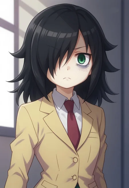 score_9, score_8_up, score_7_up, source_anime, highly detailed,
tomoko, 1girl, solo, black hair, school uniform, bags under eyes, hair over one eye, necktie, green eyes, skirt, long hair, upper body, blazer, jacket,
indoor,