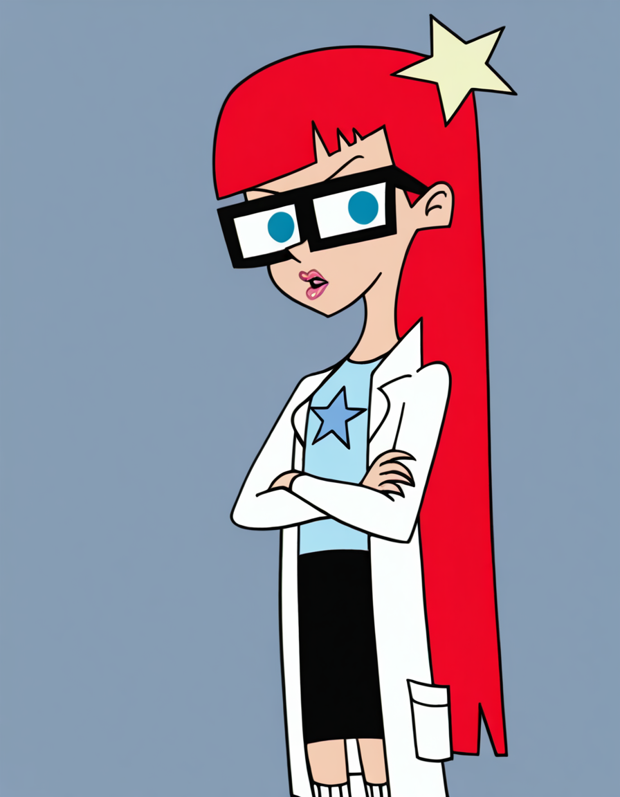 susantest, 1girl, red hair, glasses, solo, long hair, blue eyes, star hairclip, labcoat, blue t-shirt, lips, skirt , looking at viewer,crossed arms,  , masterpiece, best quality, amazing quality, very aesthetic, absurdres,<lora:SusanTestIllustrious1.0JLFO-000017:1>