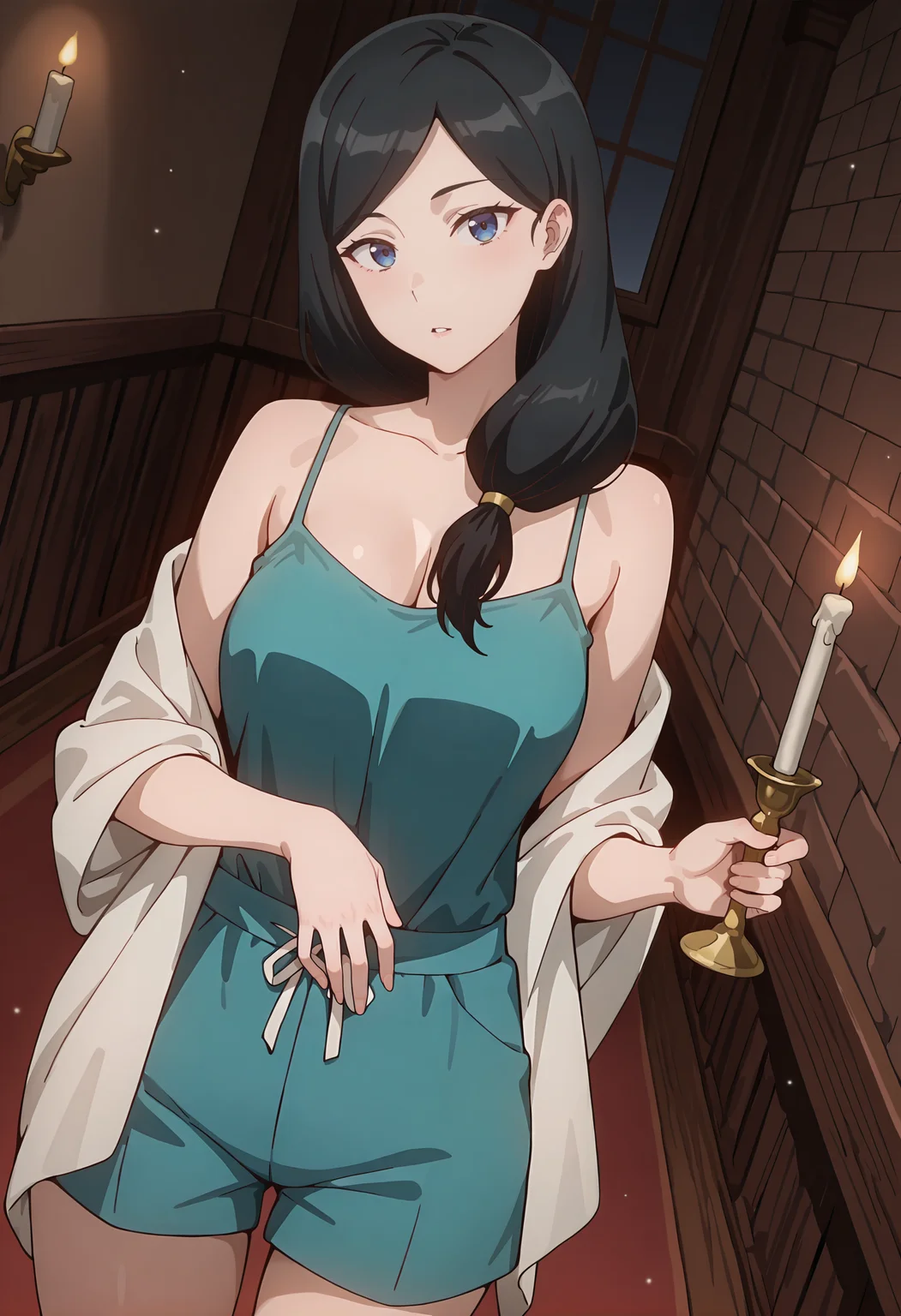 best quality, amazing quality, perfect quality, high quality, masterpiece, absolutely eye-catching BREAK
<lora:Im_the_Evil_Lord_of_an_Intergalactic_Empire_-_Bartender:1> OreAkuBartender, blue eyes, black hair, hair over shoulder, low-tied long hair, parted bangs, medium breasts, mature female BREAK
aqua camisole, aqua shorts, white shawl BREAK
indoors, stairway, brick wall, dark, night, candlelight, light particles BREAK
1girl, solo, standing, holding candlestand, head tilt, parted lips, cowboy shot, dutch angle, looking at viewer
