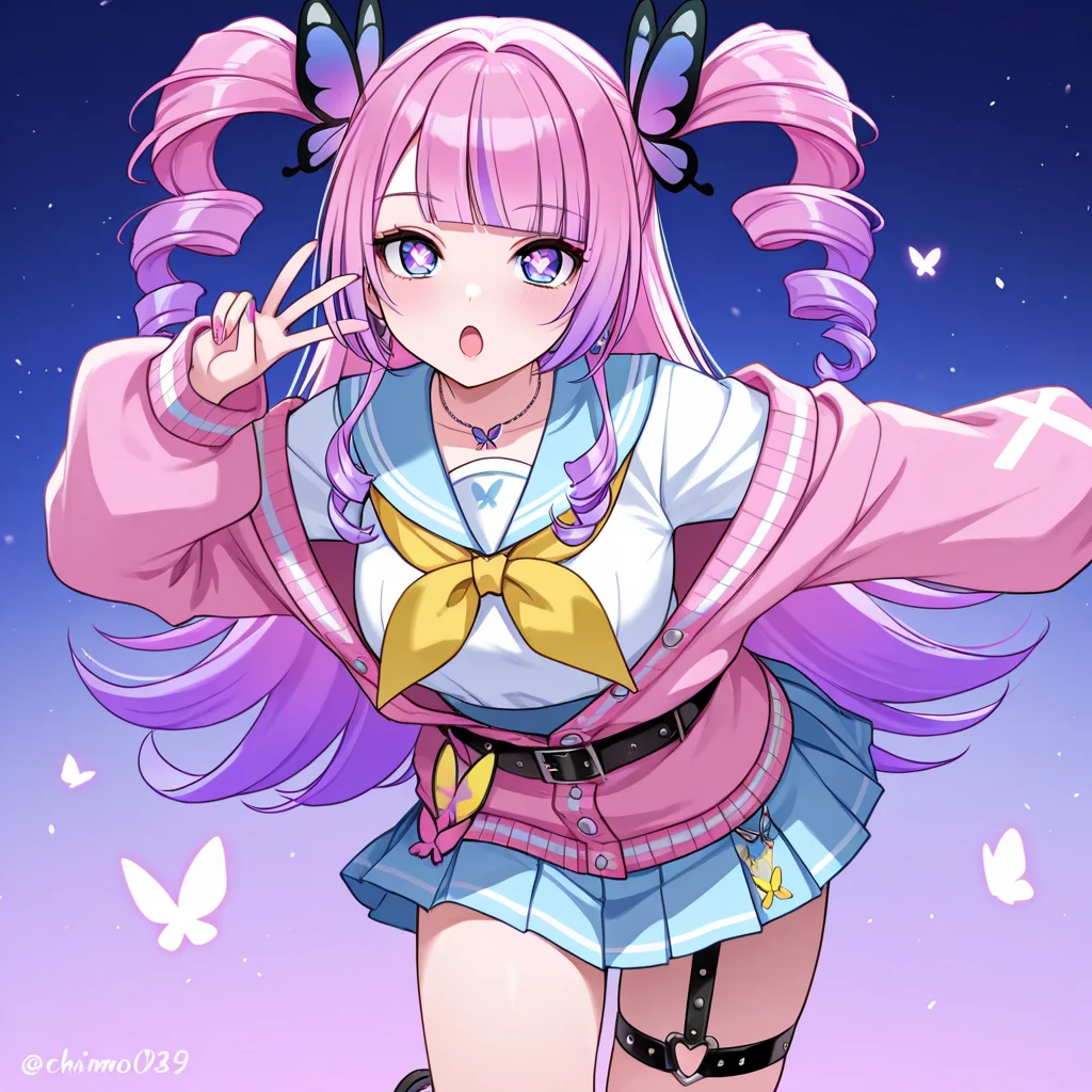 <lora:Chiamo:0.8>,chiamo,long hair,open mouth,bangs,purple eyes,multicolored hair,pink hair,purple hair,blunt bangs,drill hair,blue eyes,nail polish,symbol-shaped pupils,gradient hair,twin drills,
sailor collar,butterfly hair ornament,jewelry,necklace,pink jacket,thigh strap,jacket,long sleeves,school uniform,serafuku,yellow neckerchief, 1girl, solo,
