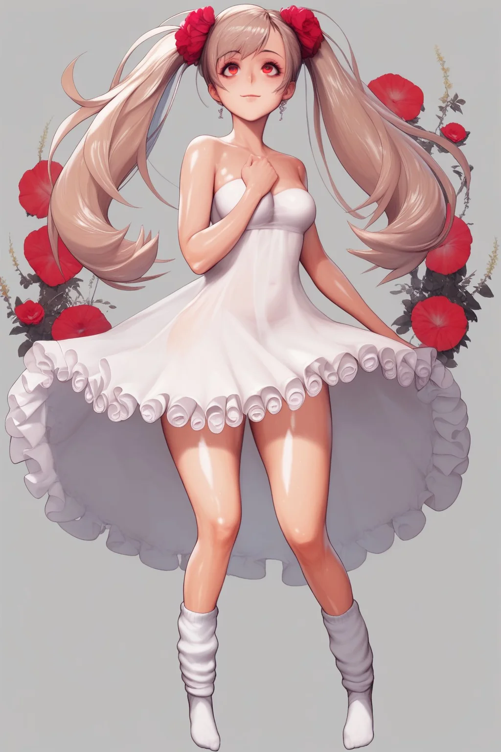 score_9, score_8_up, score_7_up, 1girl, watson cross, looking up, happy, beige hair, wispy_bangs, uneven_twintails, red eyes, medium breasts, shiny skin, strapless dress, sheer, lace, frills, ribbon, pentacle, loose socks, Windflower \(flower\), floral background, hands_on_own_chest, halftone background, foggy atmosphere <lora:destiny_c_PonyXL_style_v02.07.01.10.05:1>