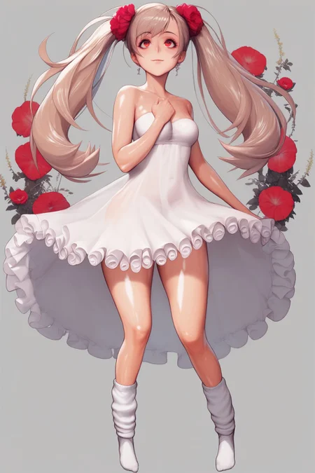 score_9, score_8_up, score_7_up, 1girl, watson cross, looking up, happy, beige hair, wispy_bangs, uneven_twintails, red eyes, medium breasts, shiny skin, strapless dress, sheer, lace, frills, ribbon, pentacle, loose socks, Windflower \(flower\), floral background, hands_on_own_chest, halftone background, foggy atmosphere <lora:destiny_c_PonyXL_style_v02.07.01.10.05:1>