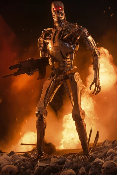 T800_Endo, Terminator robot, score_9, score_8_up, score_7_up, (source_IRL, source_movie), cinematic, realistic, masterpiece, high quality, highres RAW photo, ((full body shot))
a T800_Endo Terminator Robot with glowing red eyes, he is made of metal, <lora:T800_Endo_Terminator_Pony_v1:1>
(standing in flames)
black background, in flames, fire, fflames and fire everywhere, there is so much fire
dynamic lighting, highly detailed, intricate details