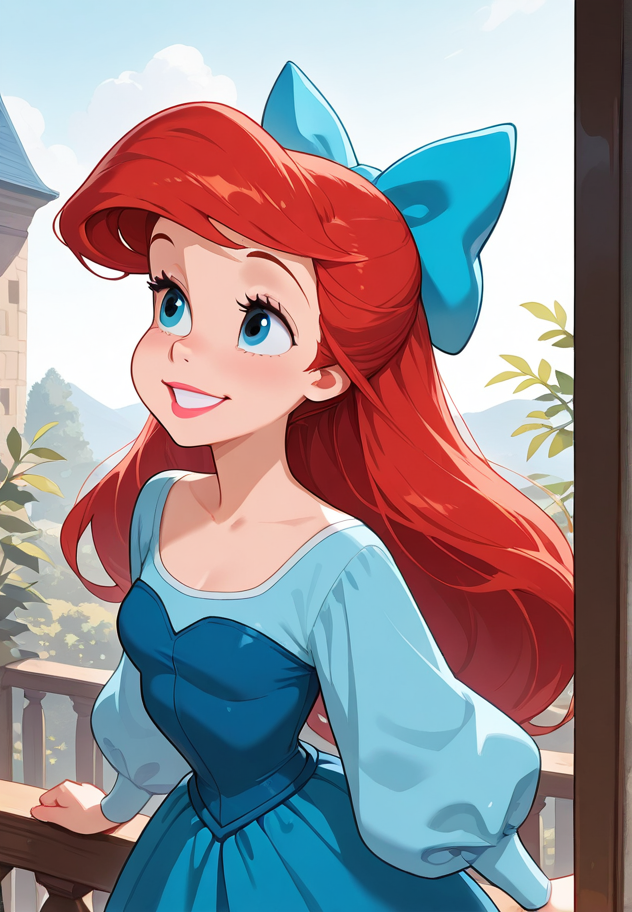 masterpiece, best quality, amazing quality, very aesthetic, absurdres,  newest, detailed background,
ariel, 1girl, long hair, blue eyes, red hair, solo, bow, hair bow, dress, lipstick, makeup,  long sleeves, smile, blue dress, blue bow, balcony, 
 <lora:Ariel_-_Disney_Illustrious:1>, masterpiece, best quality, amazing quality, very aesthetic, absurdres,  newest,