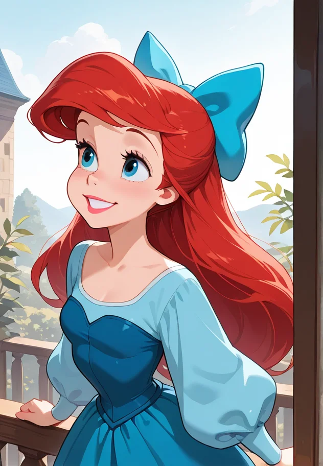 masterpiece, best quality, amazing quality, very aesthetic, absurdres, newest, detailed background,
ariel, 1girl, long hair, blue eyes, red hair, solo, bow, hair bow, dress, lipstick, makeup, long sleeves, smile, blue dress, blue bow, balcony,
<lora:Ariel_-_Disney_Illustrious:1>, masterpiece, best quality, amazing quality, very aesthetic, absurdres, newest,