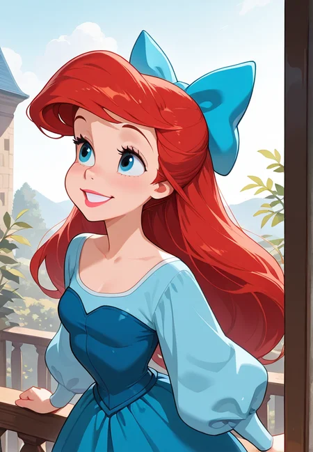 masterpiece, best quality, amazing quality, very aesthetic, absurdres, newest, detailed background,
ariel, 1girl, long hair, blue eyes, red hair, solo, bow, hair bow, dress, lipstick, makeup, long sleeves, smile, blue dress, blue bow, balcony,
<lora:Ariel_-_Disney_Illustrious:1>, masterpiece, best quality, amazing quality, very aesthetic, absurdres, newest,