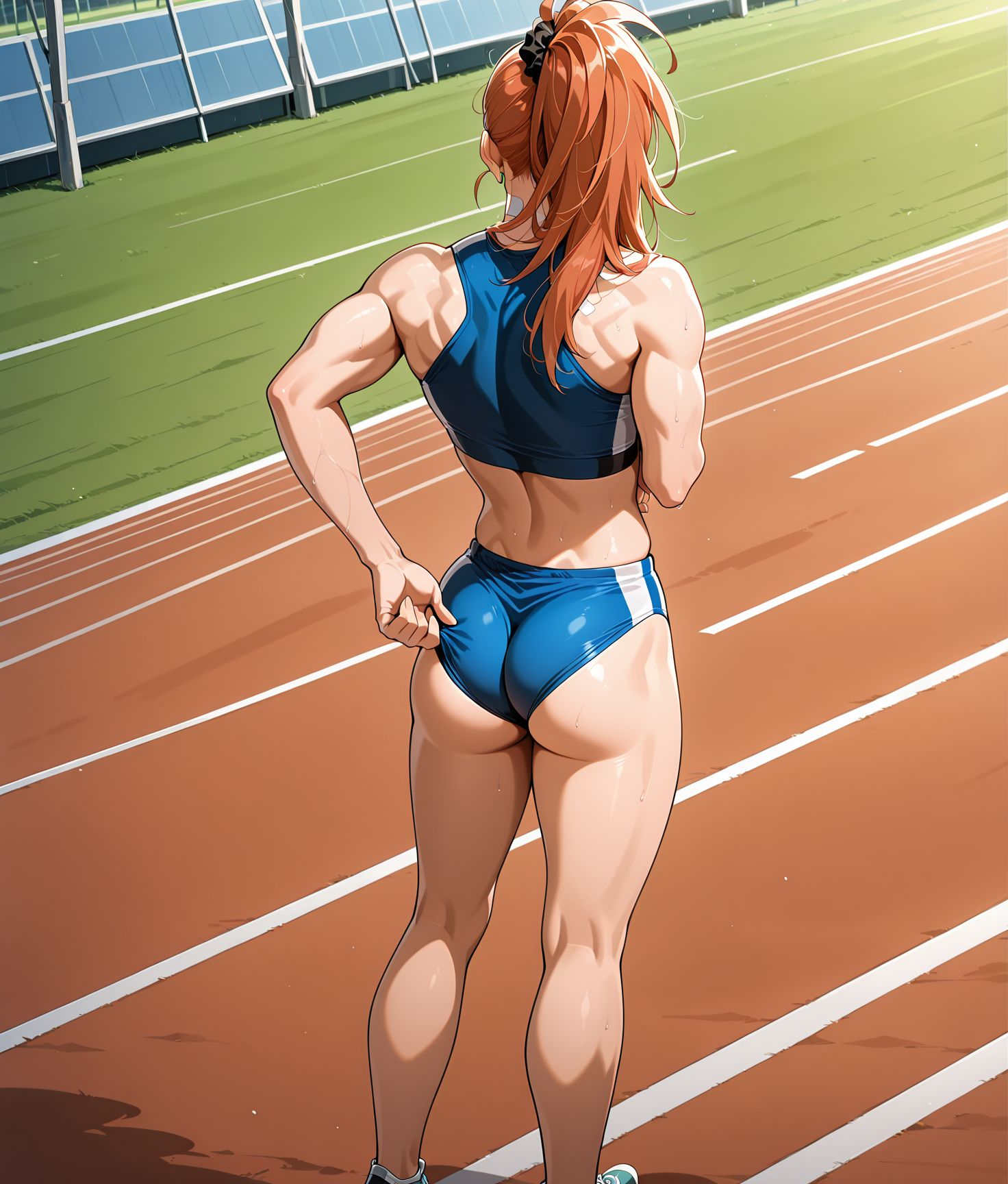 <lora:add-detail-xl:0.5>,,masterpiece,best quality,anime coloring,anime screenshot,
<lora:female_athlete:1>female_athleteV1,
1girl,solo,ass,sneakers,track uniform,
track and field,from behind,
shoes,buruma,sports crop top,
track briefs,midriff,adjusting briefs,
pulling briefs,sexy pose,
<lora:CaptainMizuki(Manga)_ILXL_v1:0.8> captain mizuki,  bandaid on face, muscular female, toned, long hair, ponytail, forehead, hair scrunchie, 
blue  sports bra, blue track briefs,   midriff, navel, linea alba, buruma,