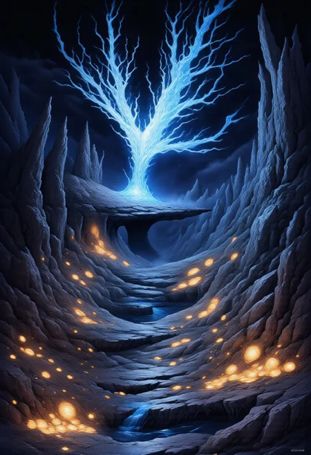 High Resolution, High quality, Detailed vector illustration, detailed, DreamArt, Studio Ghibli Dark Fairytale, smlstxtr, Black phoenix with fluorescent blue tones in the center of the image, behind it a planet and in the area, a magical valley with dark tones illuminated by the light emitted by the phoenix, it has several plants which are luminescent, in the middle of the valley there is a river from which a little steam emanates. Surreal and abstract digital painting.