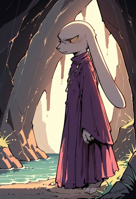 score_9,score_8_up,score_7_up, cave, shadow, lighting, king, purple dress, long ears, side view, ocean, looking down at the water, sword on the ground