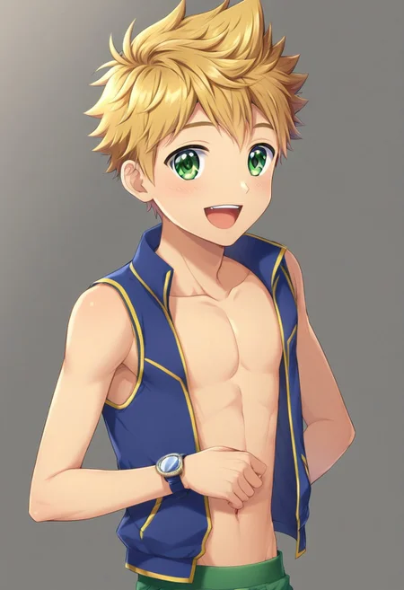 semi-shirtless, blond hair, short hair, kenji sato, spike hair, solo focus, subtle muscle definition, wear white open clothes, sleeveless wear blue watch on the left hand, happy expression, young male,