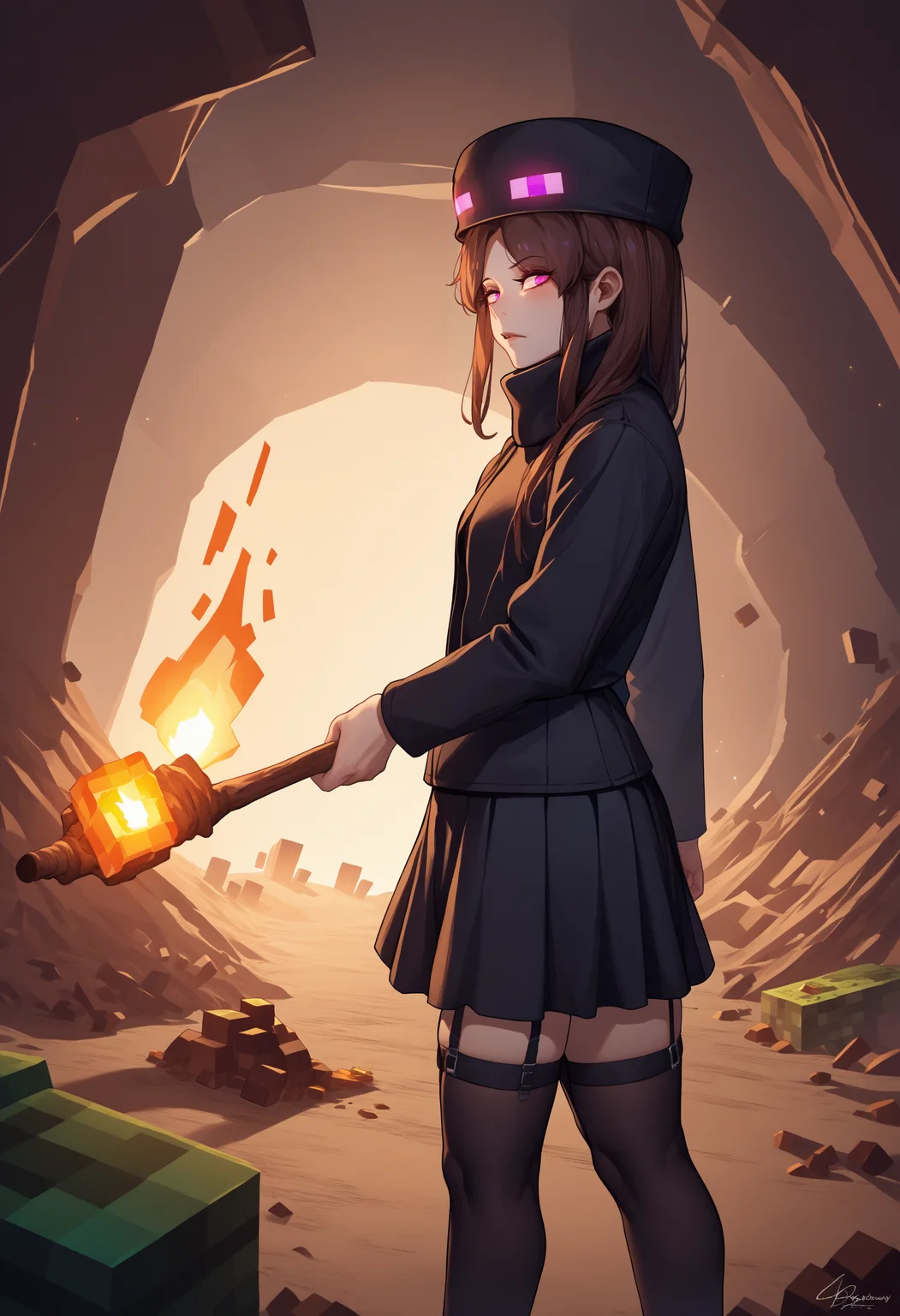 score_9, score_8_up, score_7_up, source_anime, 1girl, Enderman-chan, black jacket, high collar, enderman hat, black skirt, black thighhigh, garter straps, <lora:Enderman_XLPD:1>, mature female, minecraft, diamond, mining, underground, torch, cave