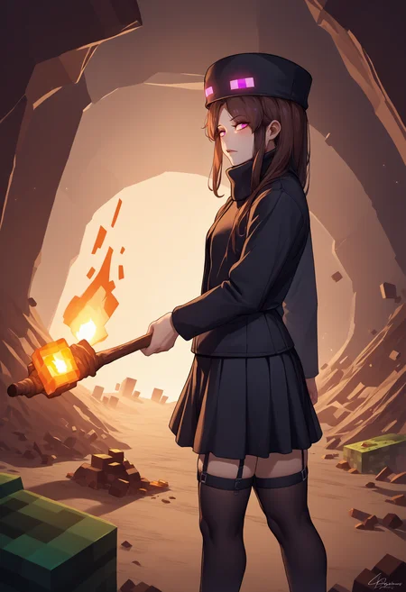 score_9, score_8_up, score_7_up, source_anime, 1girl, Enderman-chan, black jacket, high collar, enderman hat, black skirt, black thighhigh, garter straps, <lora:Enderman_XLPD:1>, mature female, minecraft, diamond, mining, underground, torch, cave