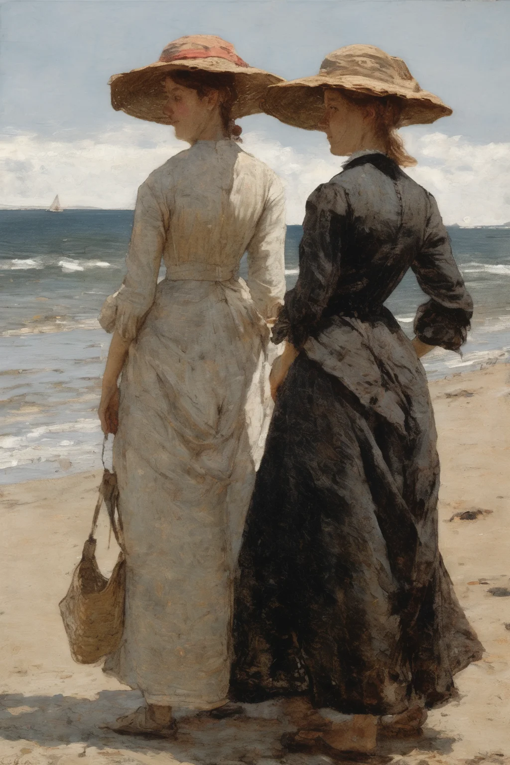 Jules Bastien-Lepage Style - Winslow Homer style, two women at the beach closeup high resolution hyperdetailed 32k