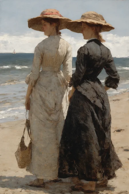 Jules Bastien-Lepage Style - Winslow Homer style, two women at the beach closeup high resolution hyperdetailed 32k