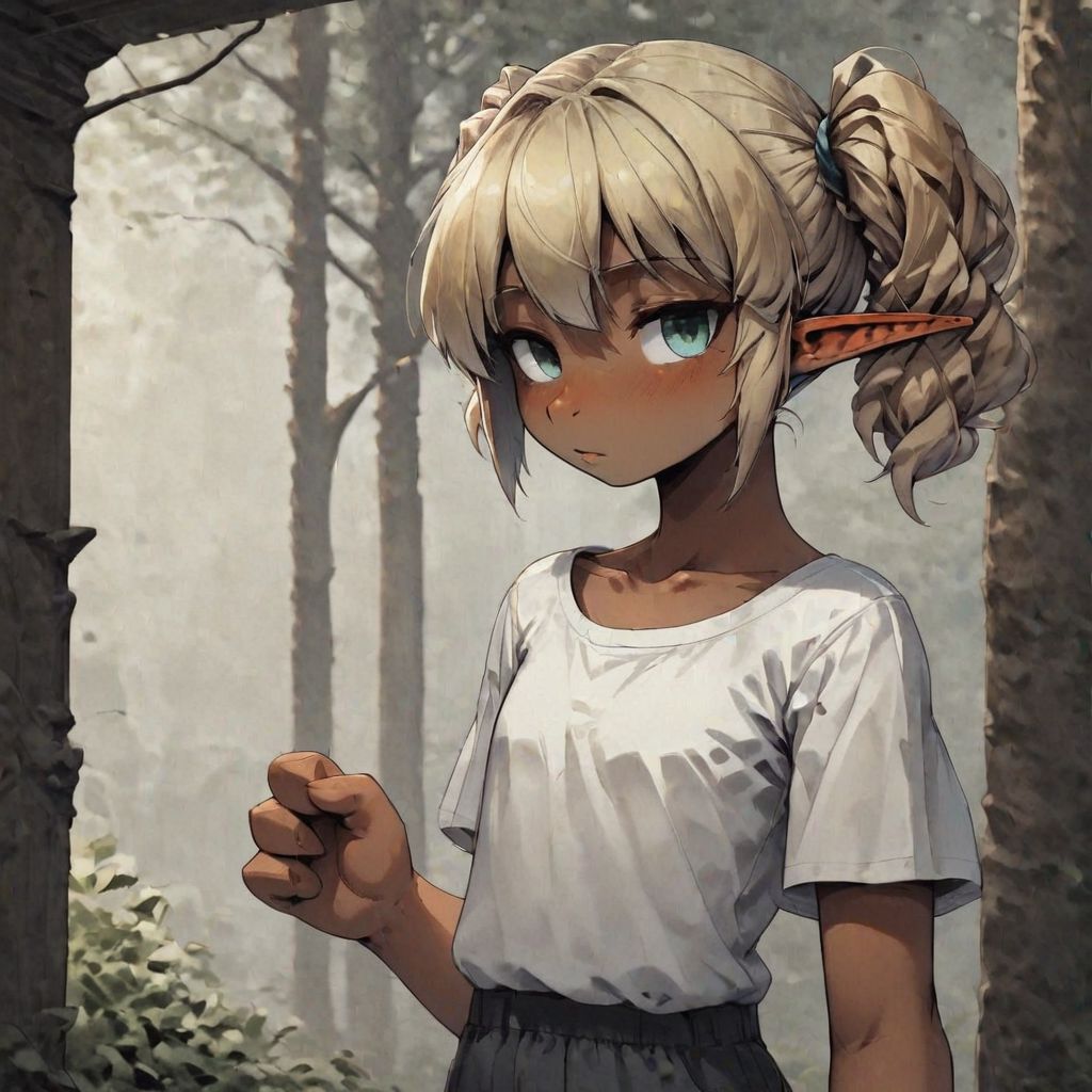 ASCII Lapanya, 1 person, 3/4 angle, solo, pointy ears, ((snout nose)), flat chest, fully grown adult, stocky stature, bangs, ((dark tan skin)):1.2, blonde hair, twintail hair, wavy hair, undergarments, standing, ((holding rucksack)), small nostrils, ((3 fingers)), outdoors, fully clothed, clean lines, highly detailed face, high quality, best quality, masterpiece quality, snapshot, rating: g