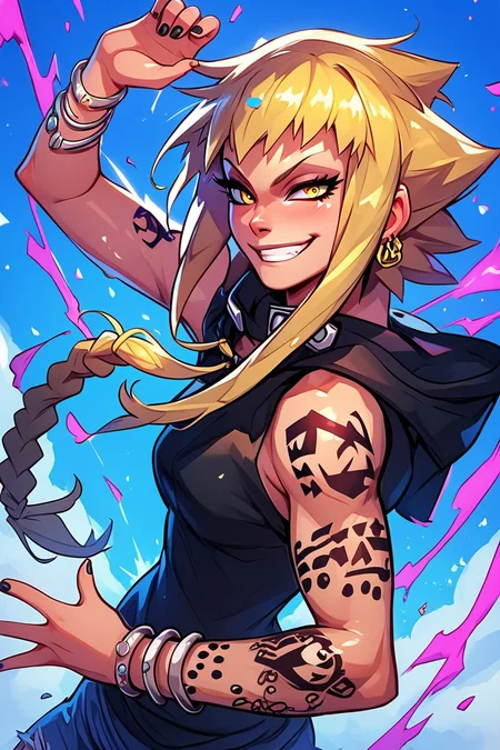 score_9, score_8_up, score_8, medium breasts, (curvy), cute, eyelashes, BREAK, , zzMedusa, blonde hair, long hair, braid, yellow eyes, tattoo, hood, jewelry, bracelet, sleeveless, nail polish, hoodie, braid, black nails, <lora:Medusa_SoulEater_PDXL_v2:1.0>, BREAK, embedding:zPDXL, Expressiveh, ,,, <lora:EnergyCAT:1.0>, solo, smile, looking at viewer, aura, blue sky, ,,, <lora:SDXLFaeTastic2400:0.5>, <lora:Expressive_H-000001:0.4>,