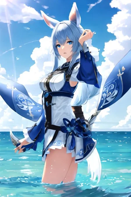 solo, 1girl, solo_focus, (((masterpiece))), ((best quality)), ((ultra-detailed)), ((too_many)):16, high resolution, absurdres, highres, ultra-detailed 8k unity wallpaper,
1girl, blue eyes, closed mouth, cloud, ffxiv trailer cg, long hair, medium breasts, mouth mask, water