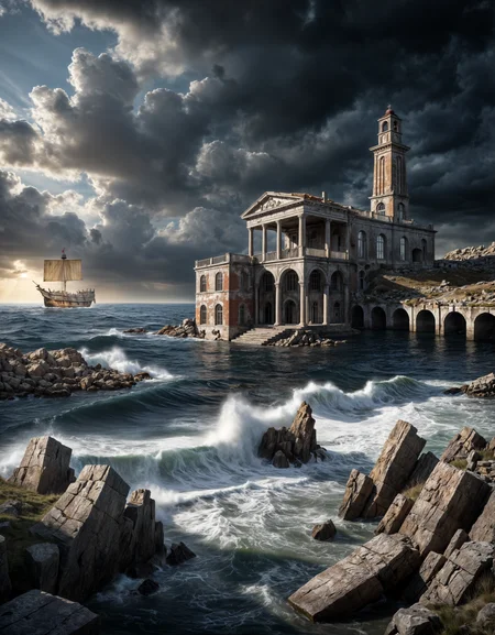 photography, photorealistic, cinematic shot, crisp, raytracing, dynamic angle, render, sharp, by Carel Willink, photograph, landscape of a Stunning Ruined (Sorrow's Harbor:1.1) , Stormy weather, Magic realism, architectural landscapes, eerie atmosphere, warm light, original, illustrious, great composition, fine detail, modified