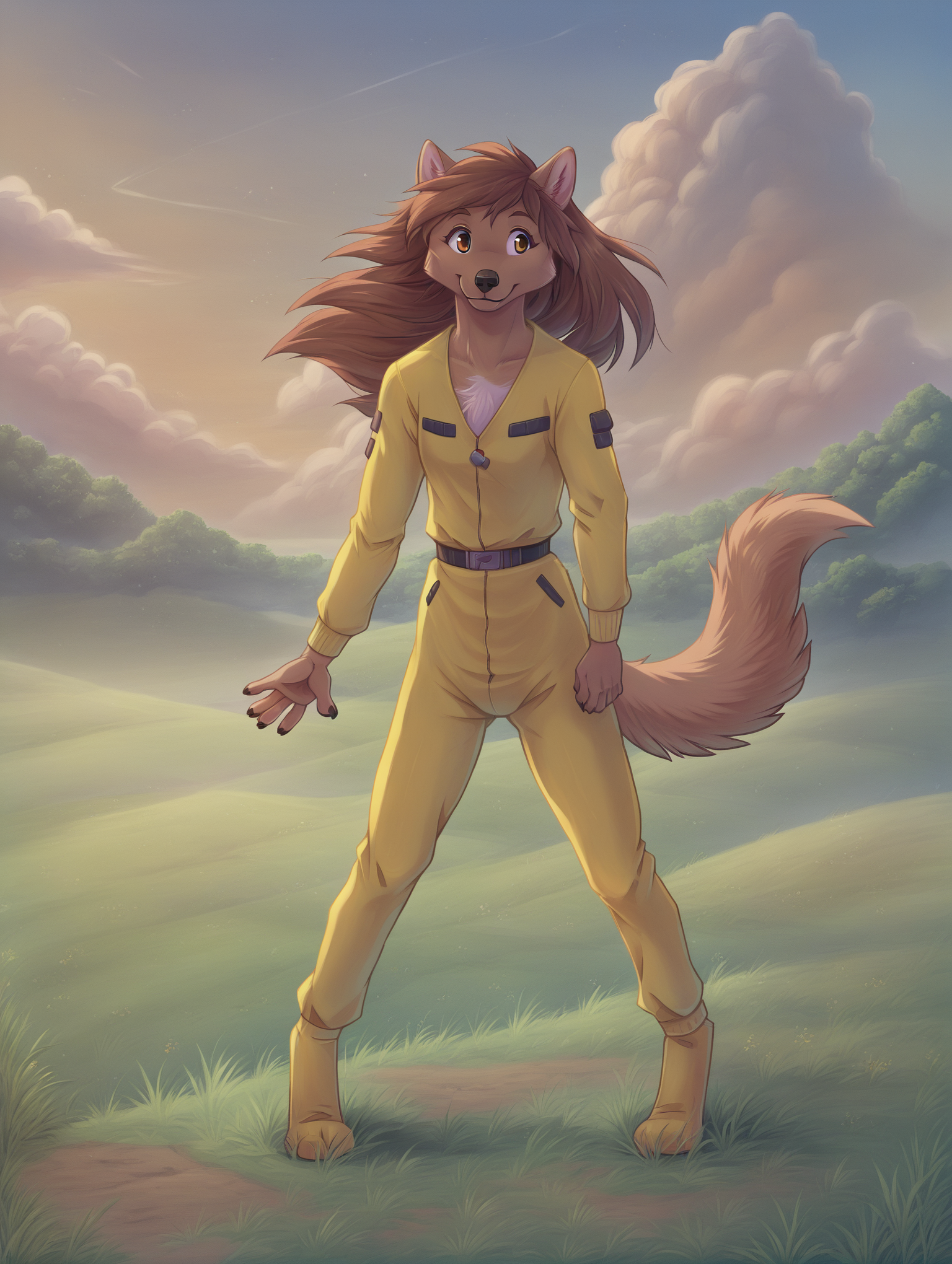 score_6_up,  standing, happy, field, grass, outside, sky, clouds,  <lora:FlorenceAmbrose_PonyXL_prototype:1> florenceambrose, solo, jumpsuit, (hands at sides)