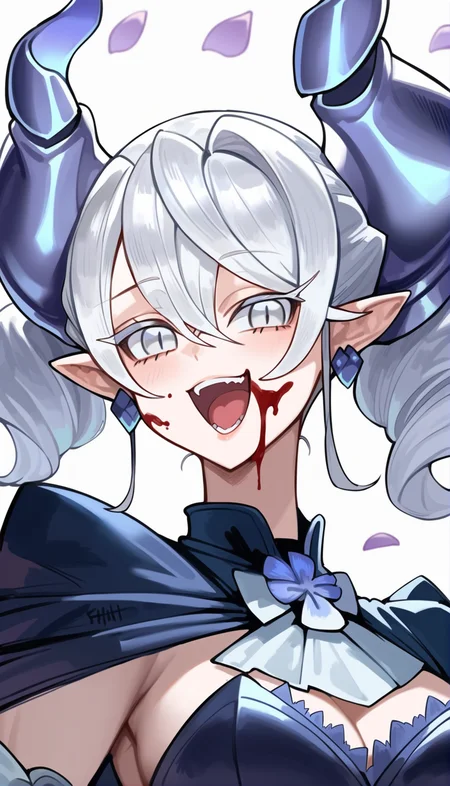 score_9,score_8_up,score_7_up,
<lora:labrynth:0.8>,
lovely labrynth,1girl,solo,white hair,bangs,twintails,pointy ears,white eyes,white eyelashes,looking at viewer,looking at viewer,horns,wings,
open mouth,naughty face,close up,blood on face,
indoors,fantasy castle background,purple flower petals,dreamy and magical atmosphere,particle lights,