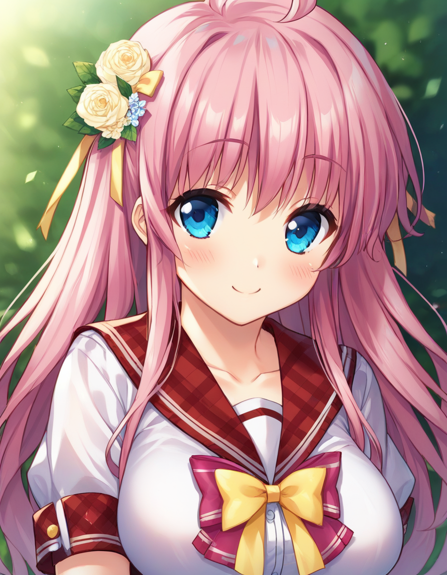score_9,score_8_up,score_7_up,score_6_up BREAK official art,solo,outdoors,upper body,(portrait:1.5),looking at viewer,facing viewer,smile,blush,Nanase Momoka,ahoge,long hair,pink hair,hair flower,hair ornament,sidelocks,bangs,blue eyes,red sailor collar,plaid sailor collar,pink bow,yellow ribbon,white shirt,short sleeves,large breasts,red skirt,plaid skirt,frilled thighhighs,white thighhighs,loafers,<lora:Nanase Momoka(ip2)-Pony:1.3>,