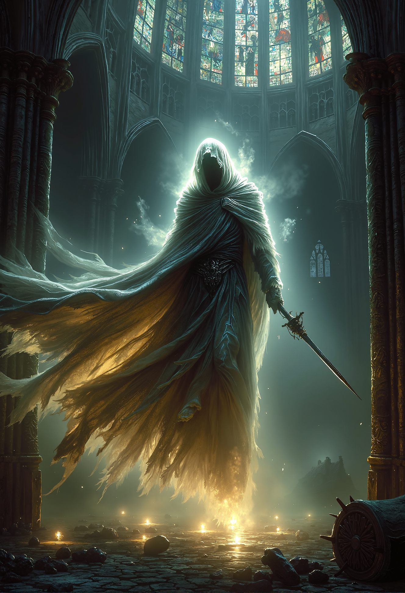 art by Ben Templesmith and hr giger, Fantasy painting of a spectral figure with a long, tattered robe, floating through the air. The ghost is illuminated with a faint beige glow, casting an eerie, ethereal light. Its robe is shredded and flowing, giving a ghostly appearance, and it holds a broken longsword, the blade fractured and jagged. The ghostâs face is shadowy and indistinct, enhancing the haunting effect. The background features a dark, gothic cathedral with towering arches and stained glass windows, shrouded in shadows. The scene is rendered in cel shading, with a dark fantasy aesthetic. The overall mood is ominous and mysterious, highlighting the ancient and worn aspects of the ghost and its surroundings. <lora:Dever_Flux_Enhancer.safetensors:0.5>, <lora:Flux_-_Renaissance_art_style.safetensors:0.5>,   <lora:MJvSX_Flux_LoRa_v1-000096.safetensors:0.7>,  <lora:aiai-Glimra-Flux-Dev-v2.safetensors:0.5>,