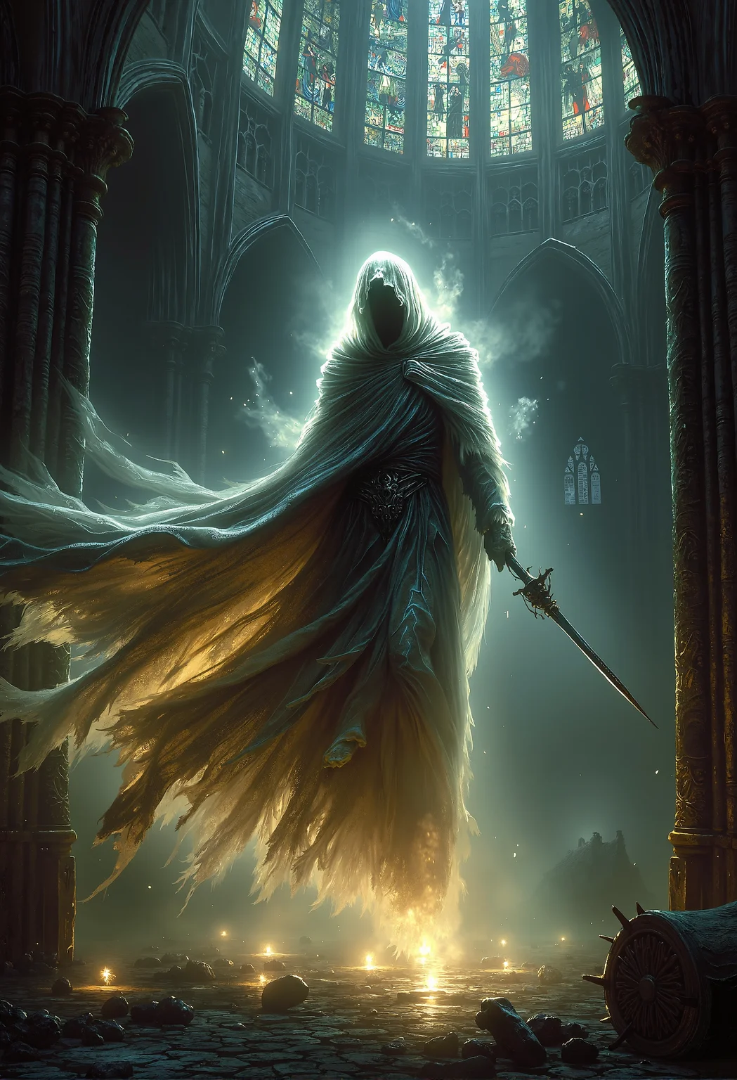 art by Ben Templesmith and hr giger, Fantasy painting of a spectral figure with a long, tattered robe, floating through the air. The ghost is illuminated with a faint beige glow, casting an eerie, ethereal light. Its robe is shredded and flowing, giving a ghostly appearance, and it holds a broken longsword, the blade fractured and jagged. The ghostâs face is shadowy and indistinct, enhancing the haunting effect. The background features a dark, gothic cathedral with towering arches and stained glass windows, shrouded in shadows. The scene is rendered in cel shading, with a dark fantasy aesthetic. The overall mood is ominous and mysterious, highlighting the ancient and worn aspects of the ghost and its surroundings. <lora:Dever_Flux_Enhancer.safetensors:0.5>, <lora:Flux_-_Renaissance_art_style.safetensors:0.5>, <lora:MJvSX_Flux_LoRa_v1-000096.safetensors:0.7>, <lora:aiai-Glimra-Flux-Dev-v2.safetensors:0.5>,