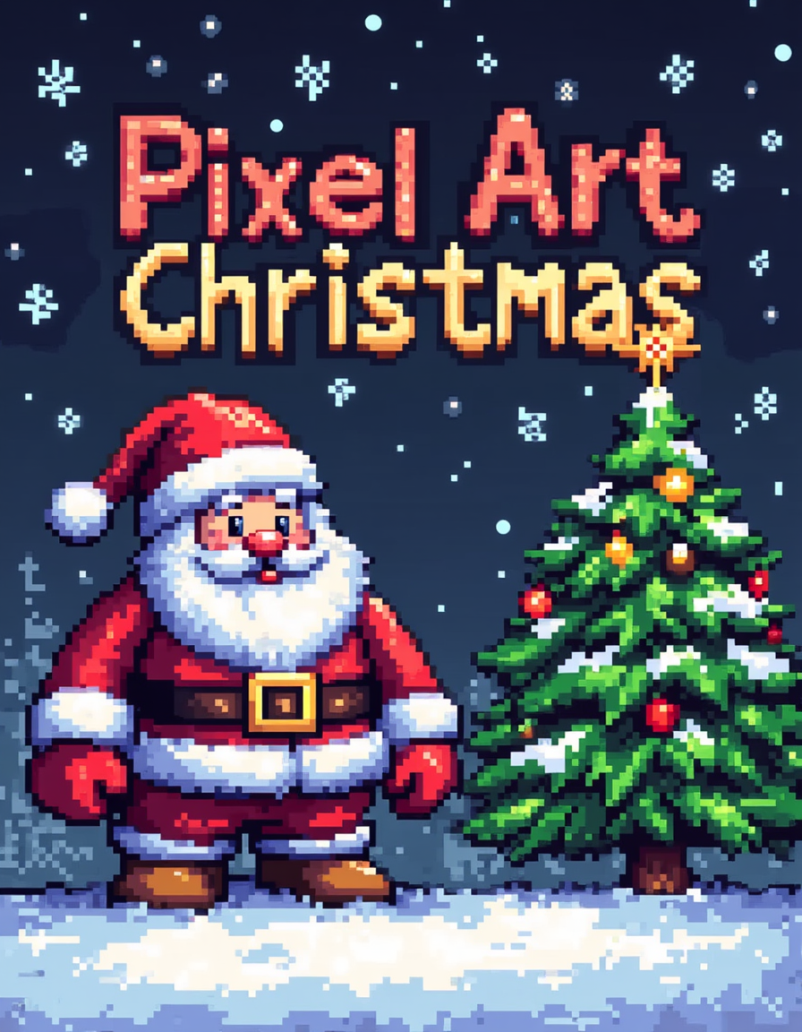 A pixel art illustration of poster where Santa posing next to the Christmas tree. The large, centered text on the poster reads: "Pixel Art Christmas" in a pixel art font style.<lora:General Flux\pixel-art-christmas.safetensors:0.9:1.0>
