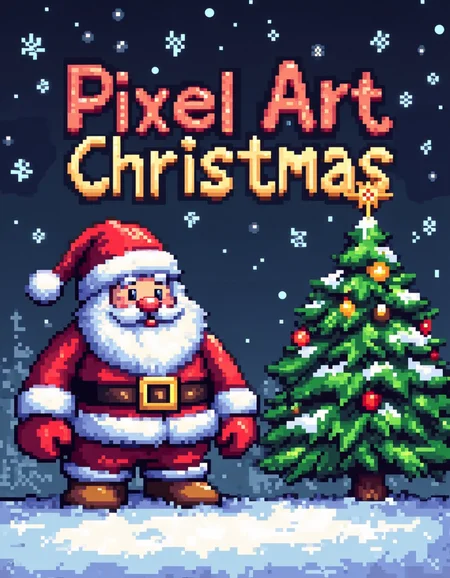 A pixel art illustration of poster where Santa posing next to the Christmas tree. The large, centered text on the poster reads: "Pixel Art Christmas" in a pixel art font style.<lora:General Flux\pixel-art-christmas.safetensors:0.9:1.0>