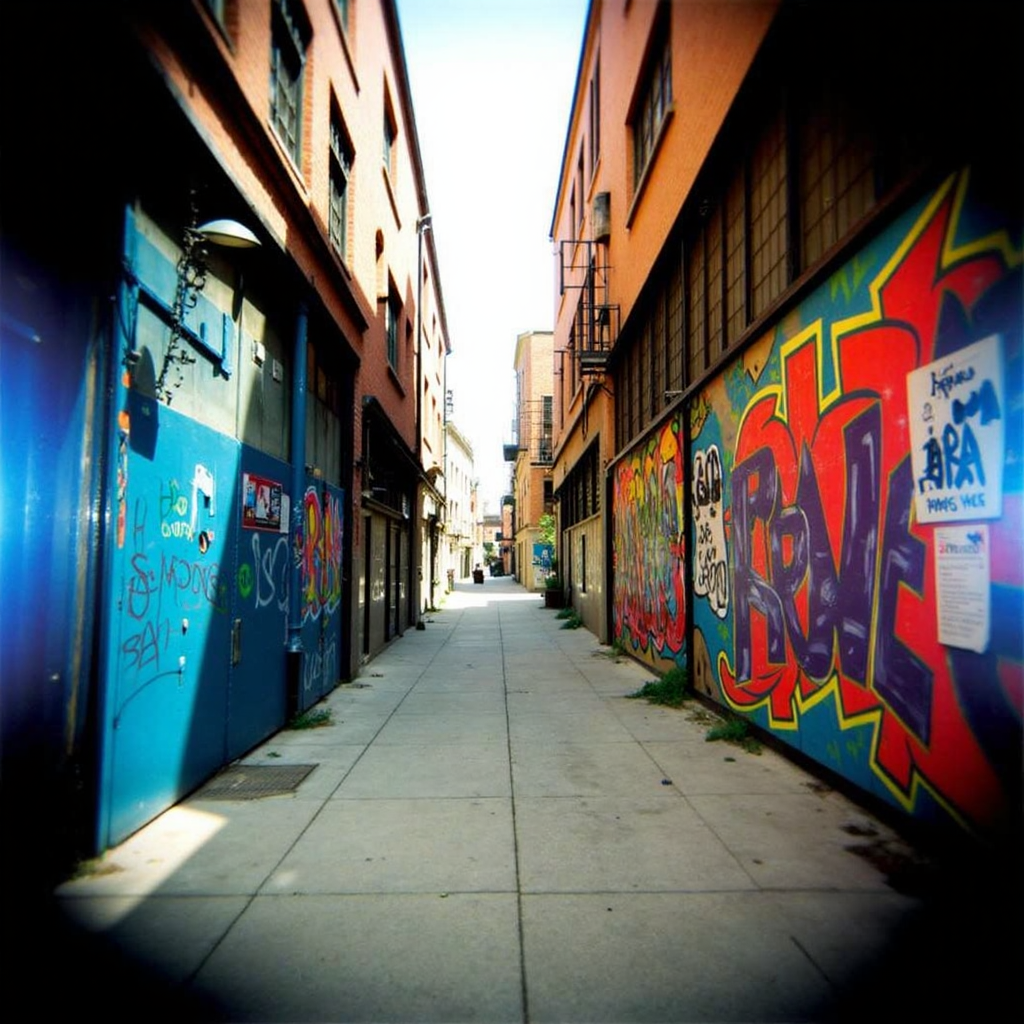 Shot with a Holga camera, an urban alleyway filled with graffiti, soft light filtering from above, and a surreal vignette highlighting the vibrant yet slightly desaturated colors.