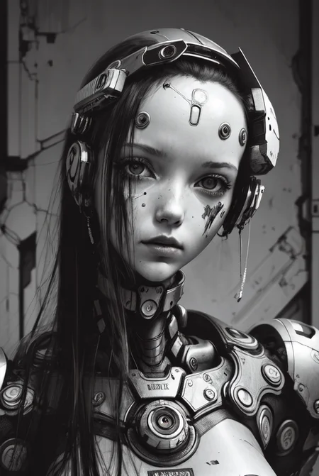 ((masterpiece)), ((best quality)), 1girl, close-up, cyborg, portrait, Empty, ruins, heavy black and white, <lora:Blame!:1>