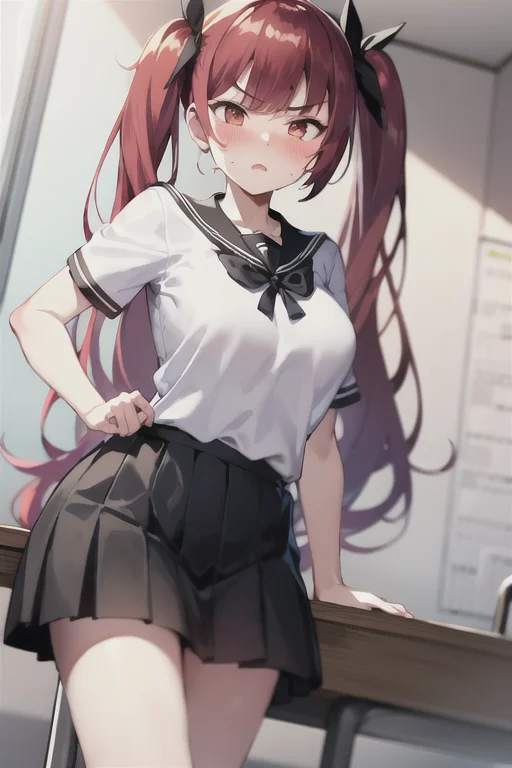 <lora:al_honolulu:0.8> honolulu, 1girl, red hair, black pleated skirt, white shirt, black ribbon, serafuku, classroom, (angry:0.7), (embarrased:0.7), blush