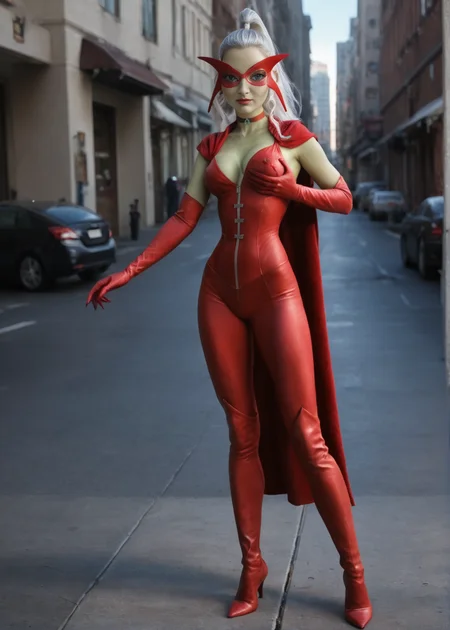 <lora:Icy:0.7> icywitchbitch, solo, 1girl, mask, blue eyes, colored skin, green skin, red bodysuit, thigh boots, high heels, choker, claws, red short cape, white hair, ponytail, elbow gloves, hand on breast, hand on hip, front view, full body, realistic, photorealistic, score_9, score_8_up, score_7_up, (SUBJECT), high contrast, film grain, Rim Lighting, masterpiece, best quality, high quality, realistic anatomy, 4k, highres, 8k, BREAK, detailed skin, detailed face, centered, hyperdetailed, extremely detailed, Ultra-realistic, ultra quality, 8K UHD, photorealism, hyperrealism, attention to details, zPDXL3, thick_thighs, large breasts, small waist, round breasts, standing, standing on ground, outdoors, city, city background