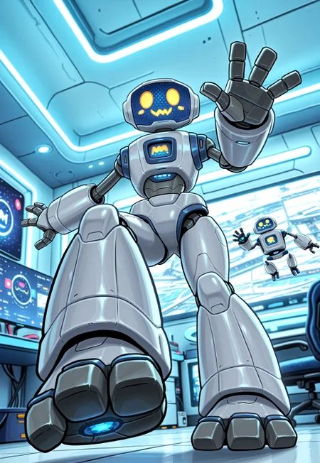mrherbie, robot, white body, screen face, 3 fingers, legs, 3 toes, waving at viewer, 

indoors, futuristic bedroom, white theme bedroom, dynamic pose, foreshortening, perspective, 

masterwork, masterpiece, best quality, detailed, depth of field, high detail, very aesthetic, 