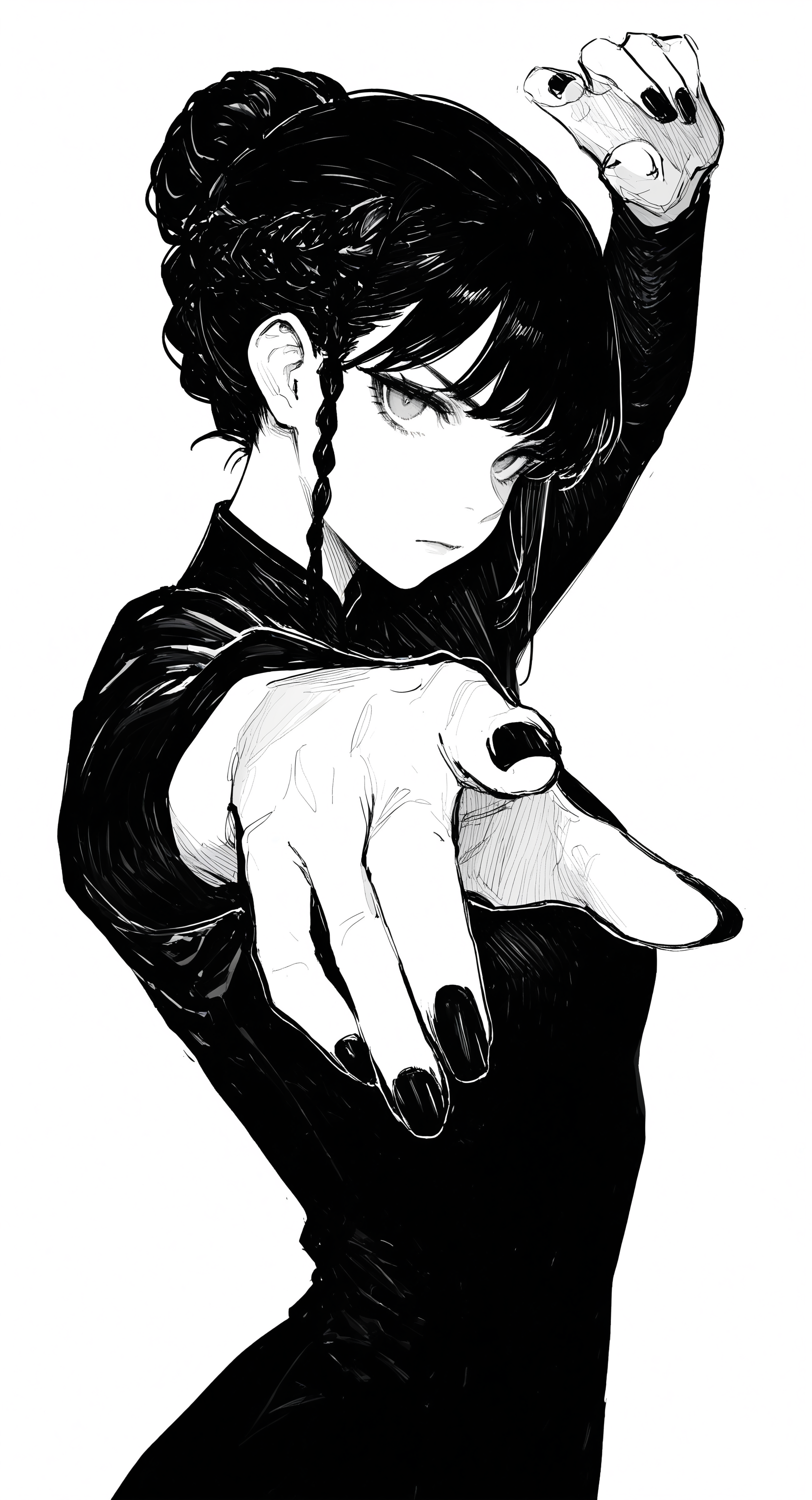 masterpiece, best quality, good quality, very awa, very aesthetic, absurdres, newest, 1girl, solo, looking at viewer, simple background, white background, dress, closed mouth, upper body, monochrome, braid, greyscale, hair bun, nail polish, arms up, fingernails, sketch, outstretched arms, black nails, foreshortening, serious, fighting stance, hatching \(texture\) <lora:ponyv6_noobV1_2_adamW-000017:0.7> <lora:USNR_STYLE_XL_lokr:0.45> <lora:748cmSDXL:0.4> <lora:GBF_Illustrious:0.3>