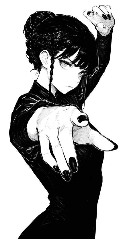 masterpiece, best quality, good quality, very awa, very aesthetic, absurdres, newest, 1girl, solo, looking at viewer, simple background, white background, dress, closed mouth, upper body, monochrome, braid, greyscale, hair bun, nail polish, arms up, fingernails, sketch, outstretched arms, black nails, foreshortening, serious, fighting stance, hatching \(texture\) <lora:ponyv6_noobV1_2_adamW-000017:0.7> <lora:USNR_STYLE_XL_lokr:0.45> <lora:748cmSDXL:0.4> <lora:GBF_Illustrious:0.3>